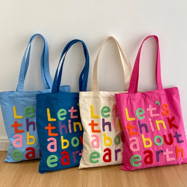 FLCBTS000002-0007-01 Earth-Themed Slogan Canvas Tote Bag Casual Shoulder Bag
