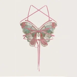 FLPO0017 Women Butterfly Crisscross Tie Backless Crop Halter Top