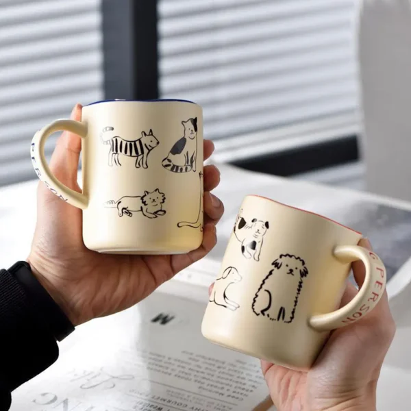 FLCLCPMG0055-0056-01 Cute Cat and Dog Doodle Mug Creative Handmade Coffee Cup Gift