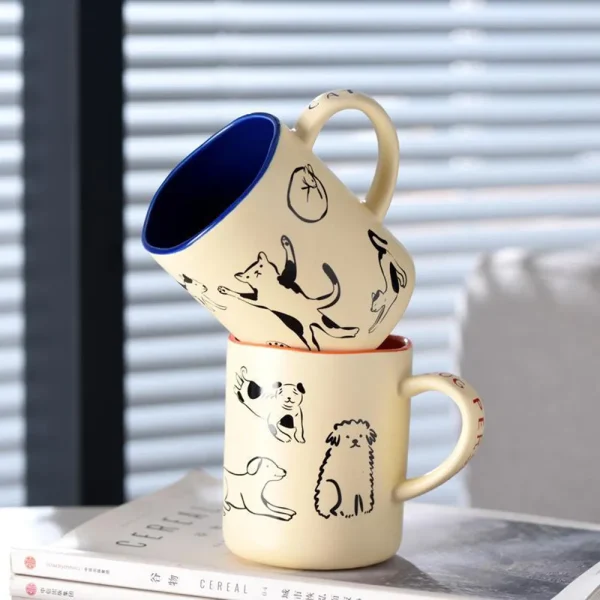 FLCLCPMG0055-0056-02 Cute Cat and Dog Doodle Mug Creative Handmade Coffee Cup Gift
