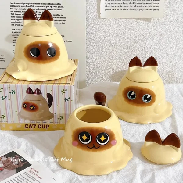 FLCLCPMG0060-0062-02 Creative Cute Siamese Cat Mug with Lid Coffee Cup