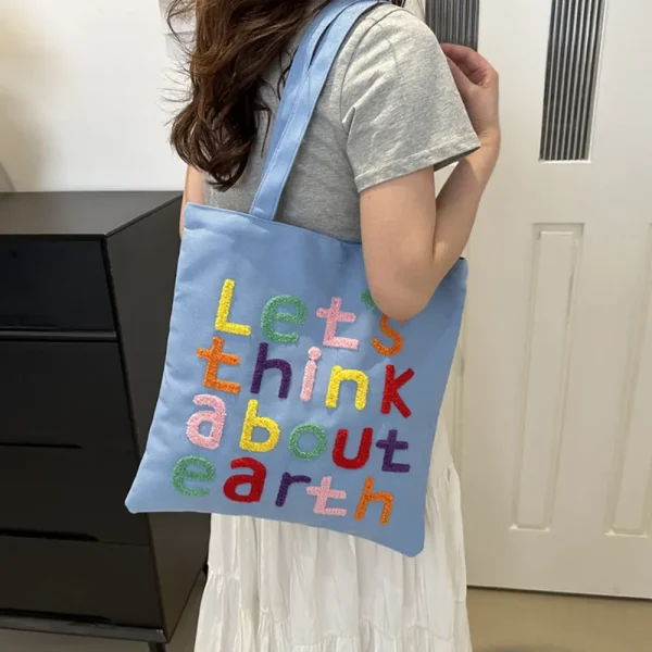 FLCBTS000004 Earth-Themed Slogan Canvas Tote Bag Casual Shoulder Bag Light Blue
