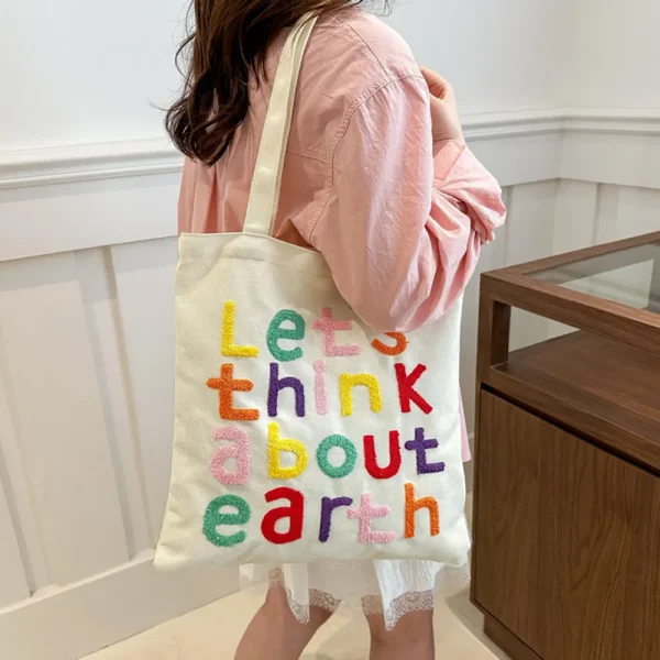 FLCBTS000002 Earth-Themed Slogan Canvas Tote Bag Casual Shoulder Bag