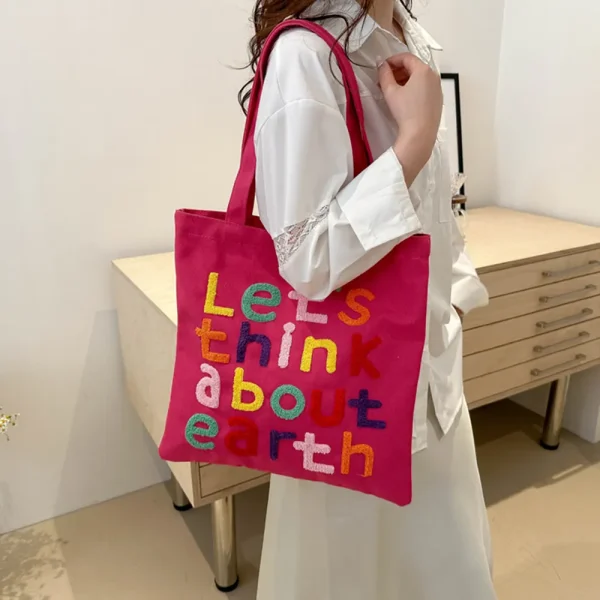FLCBTS000003 Earth-Themed Slogan Canvas Tote Bag Casual Shoulder Bag