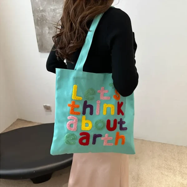 FLCBTS000006 Earth-Themed Slogan Canvas Tote Bag Casual Shoulder Bag Teal