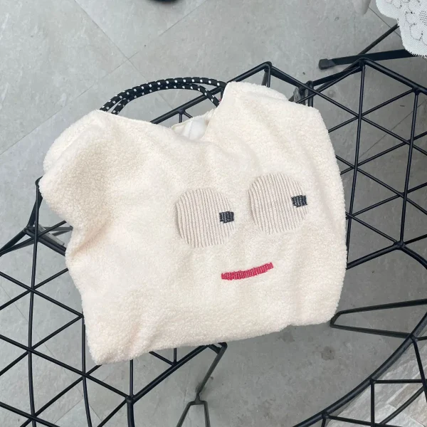FLCBTS000014 Unique Design Quirky Big-Eyed Sherpa Tote Bag White
